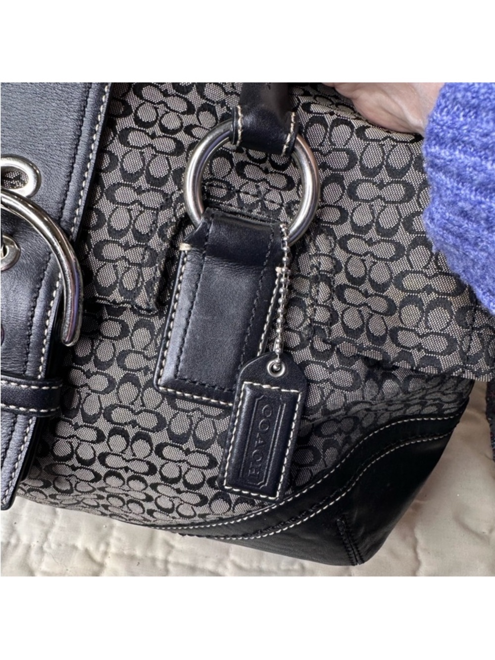 Coach Black and Gray Signature Jacquard Tote with Buckle Accent - Picture 4 of 11